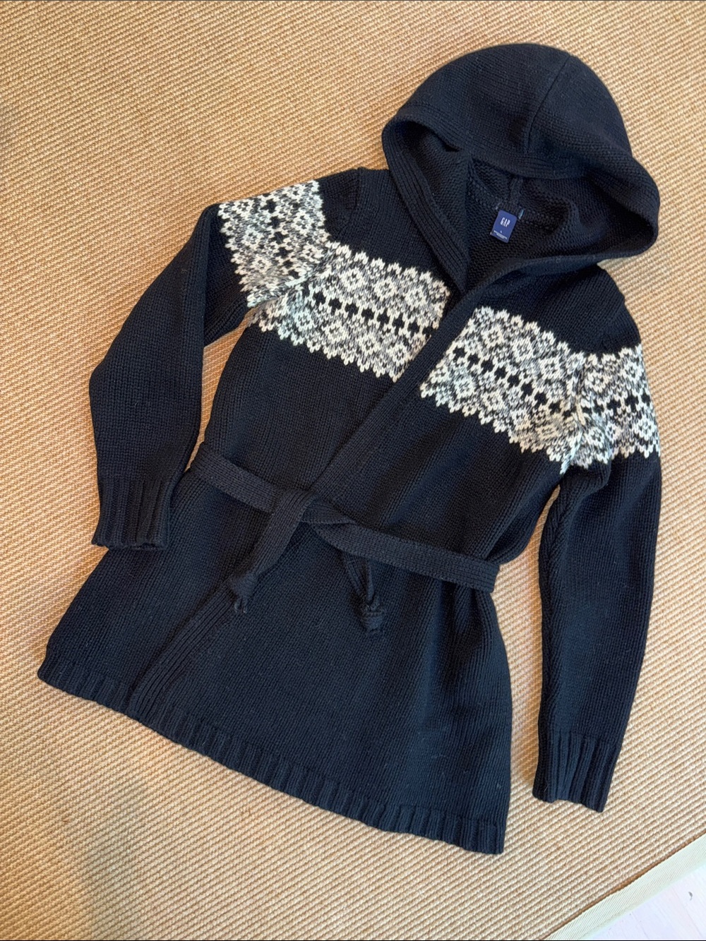 Gap Lambswool Black w/ White Fairisle Hooded Wrap Cardigan